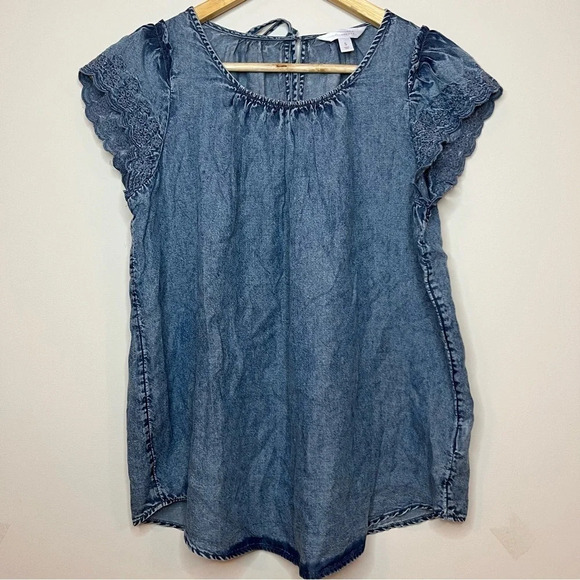 LC LAUREN CONRAD Chambray Floral Embroidered Sleeve Boho Blouse Top - Picture 1 of 7